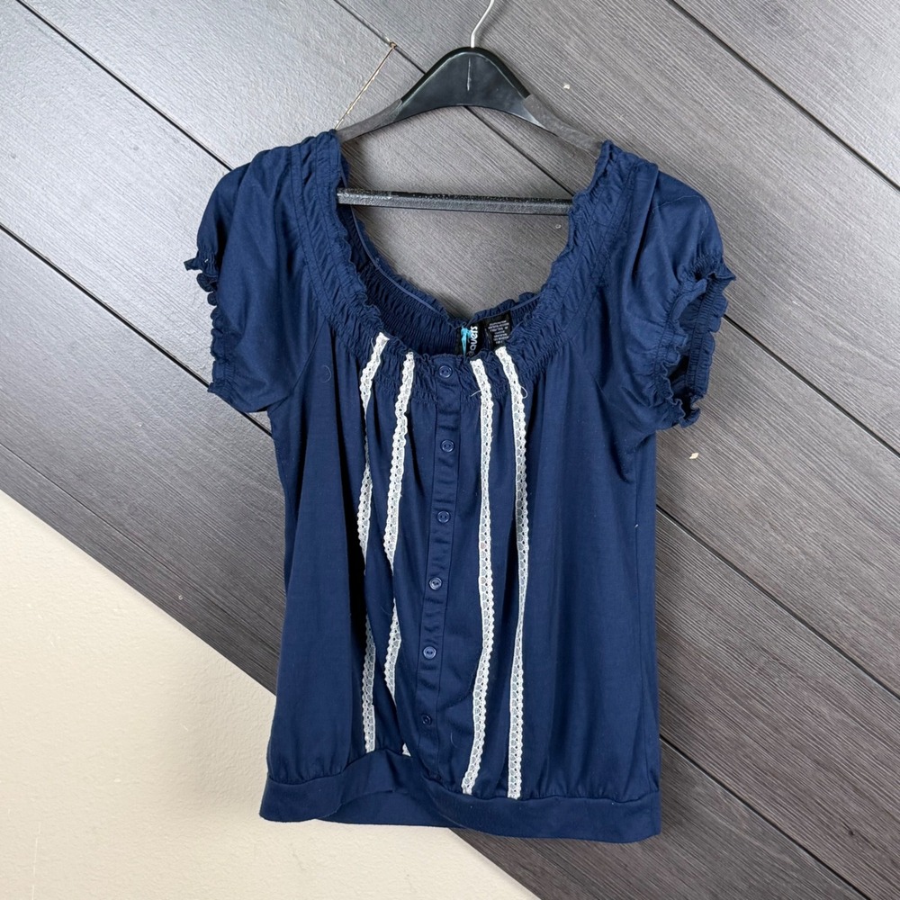 Weavers Women's Peasant Blouse XL Navy Blue White Lace Y2K Cottagecore Boho